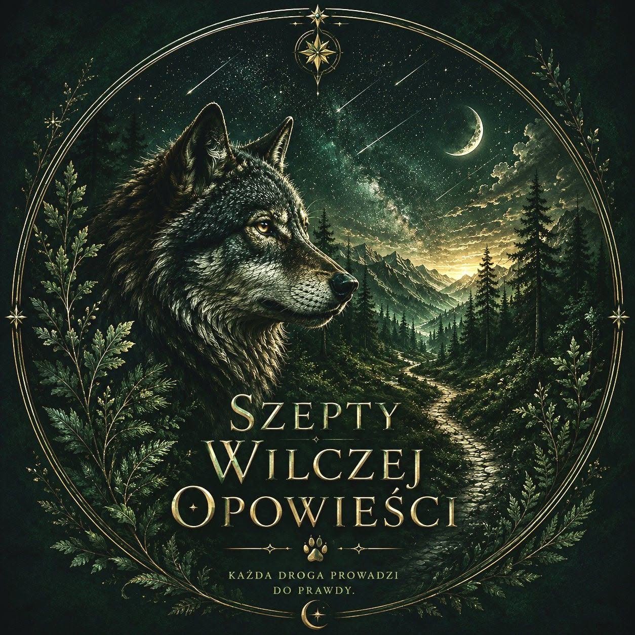 Godło „Szepty Wilczej Opowieści” — wilk, gwiaździste niebo, leśna ścieżka i sierp księżyca